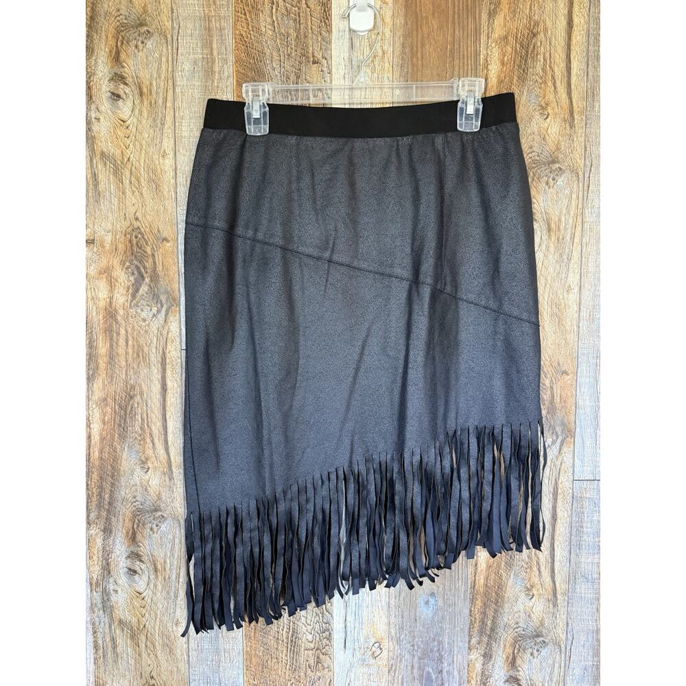 Tribella Womens Skirt Medium Black Fringe Asymmetrical Faux Leather Western Boho